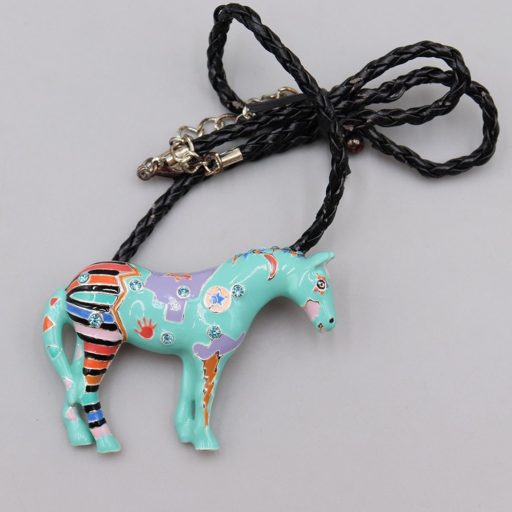 Vintage Topp Rhinestone Painted Horse Broach Pendant Braided Necklace